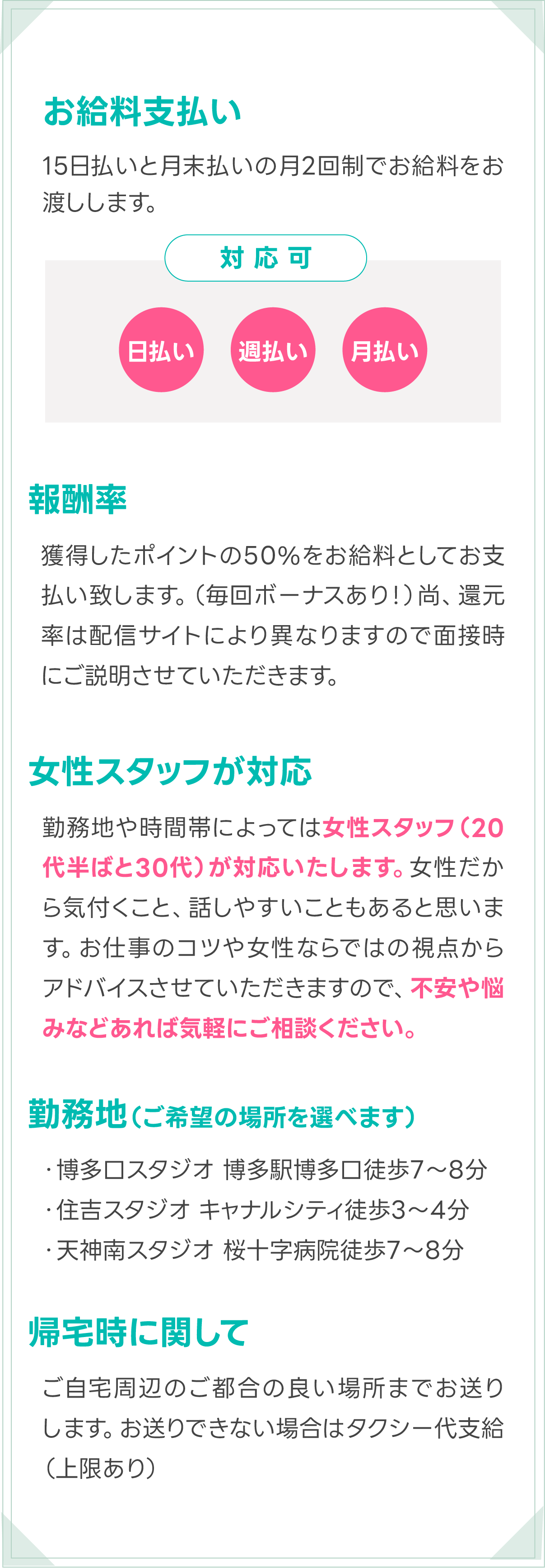 お給料支払い、報酬率、女性スタッフ対応